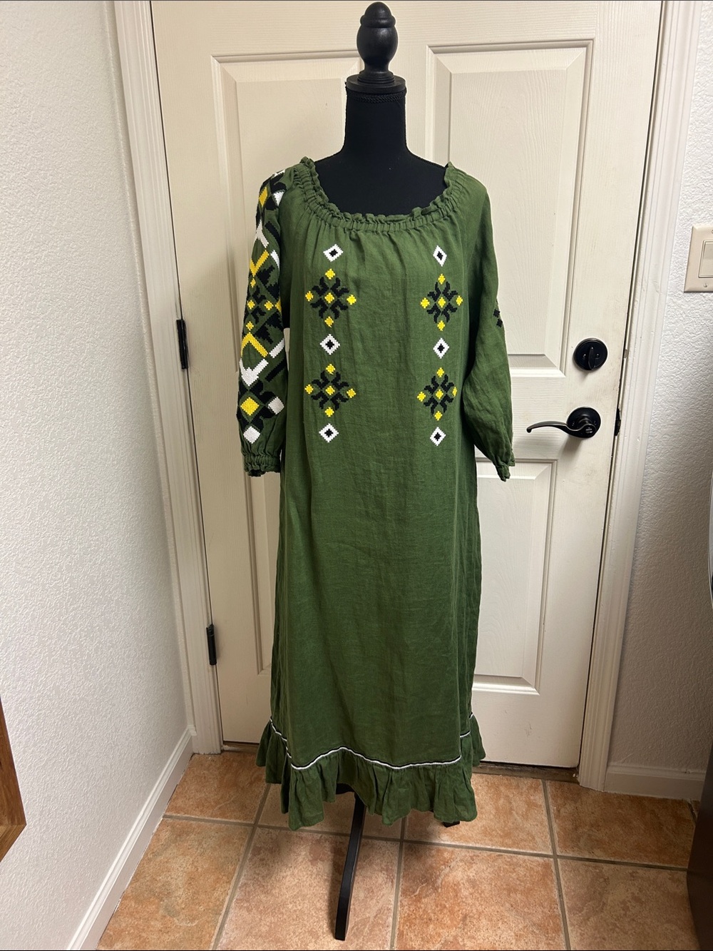Sleeping Gypsy Provence long dress features intricate yellow/ black geometric, S